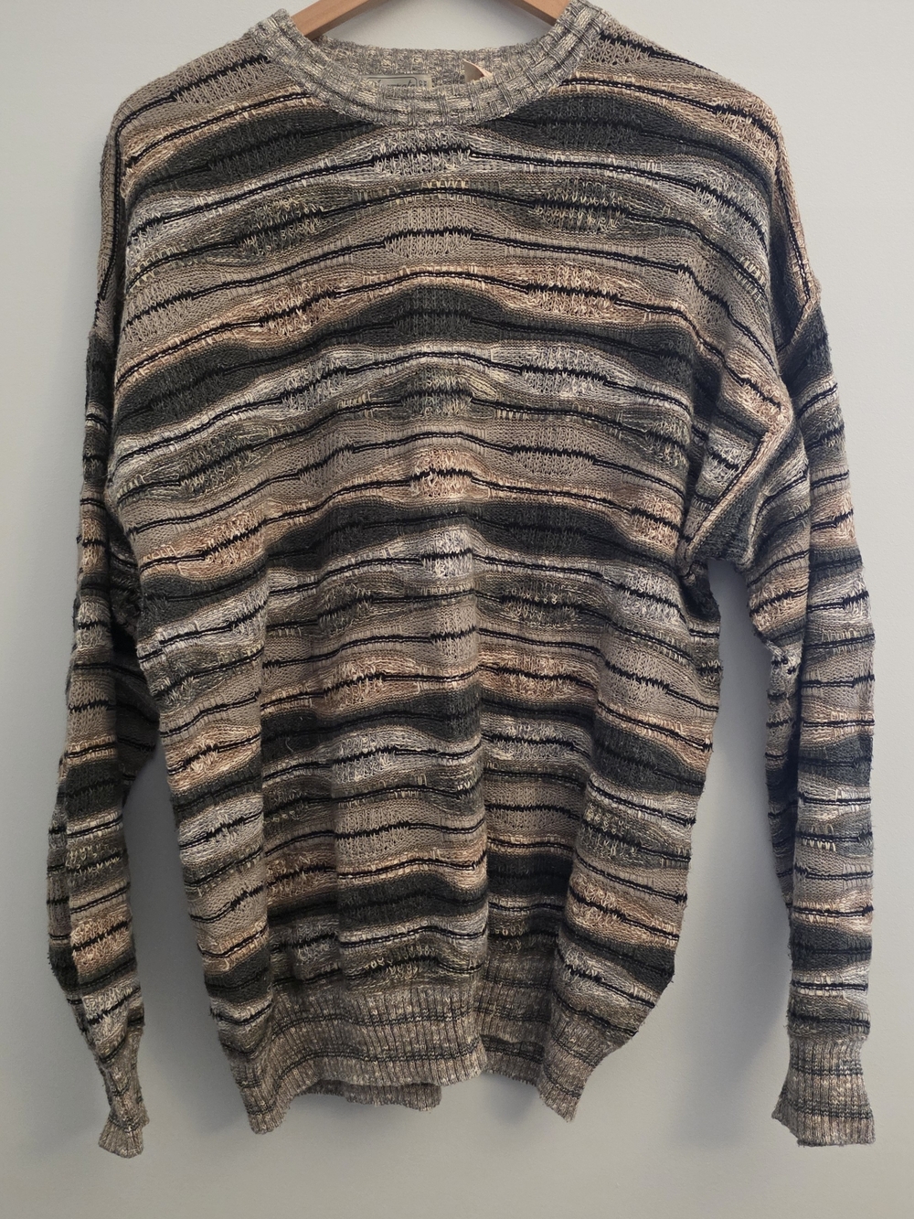 Vintage Harry Rosen Men's Striped Crewneck Sweater in Brown and Gray